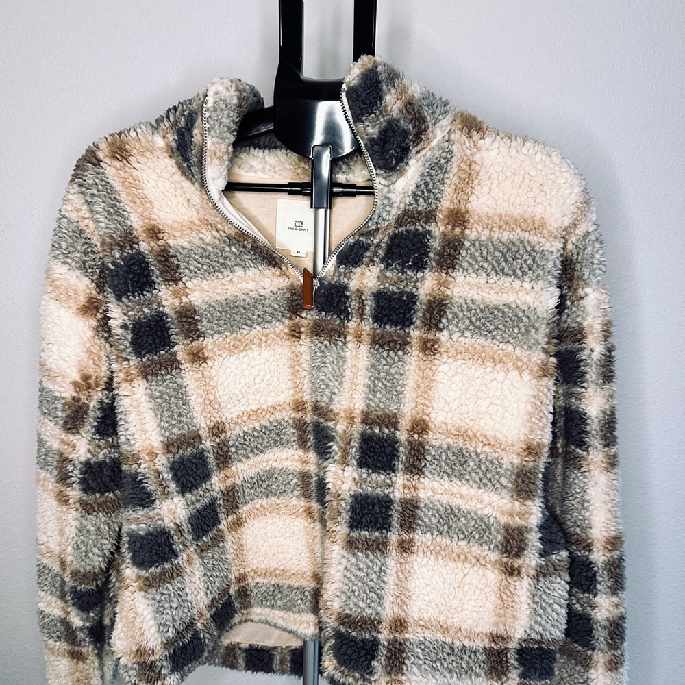 Thread & Supply Cream and Brown Plaid‎ Teddy Jacket